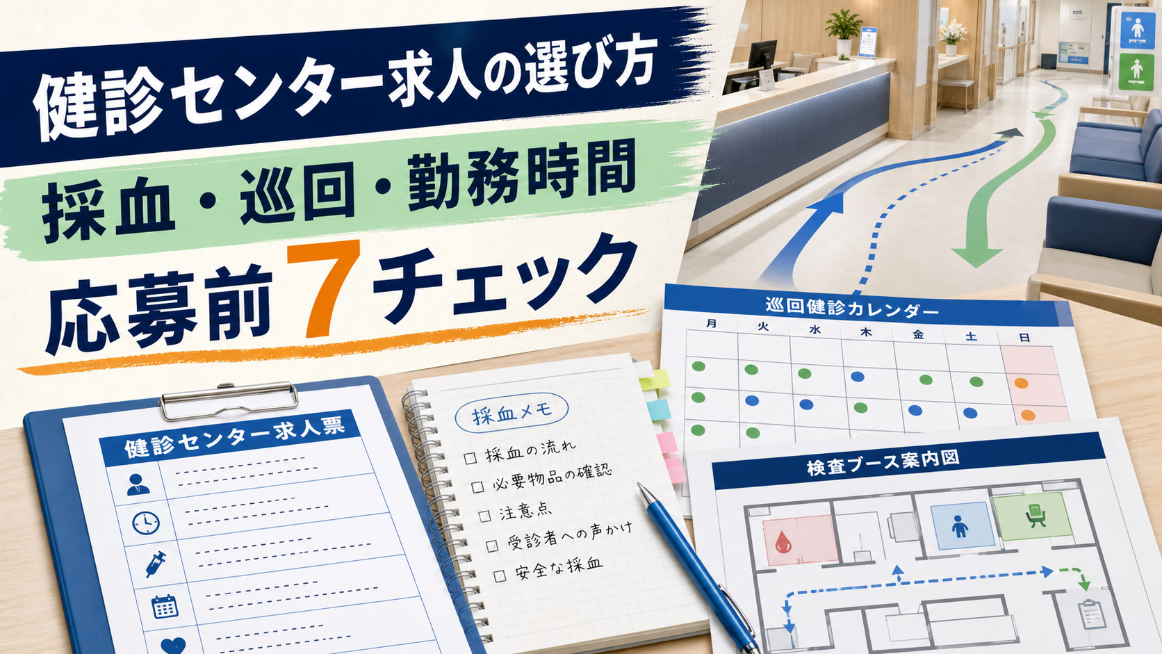 臨床検査技師が健診センター求人を探す前に、担当検査、採血、巡回健診、勤務時間、教育体制を整理するアイキャッチ画像