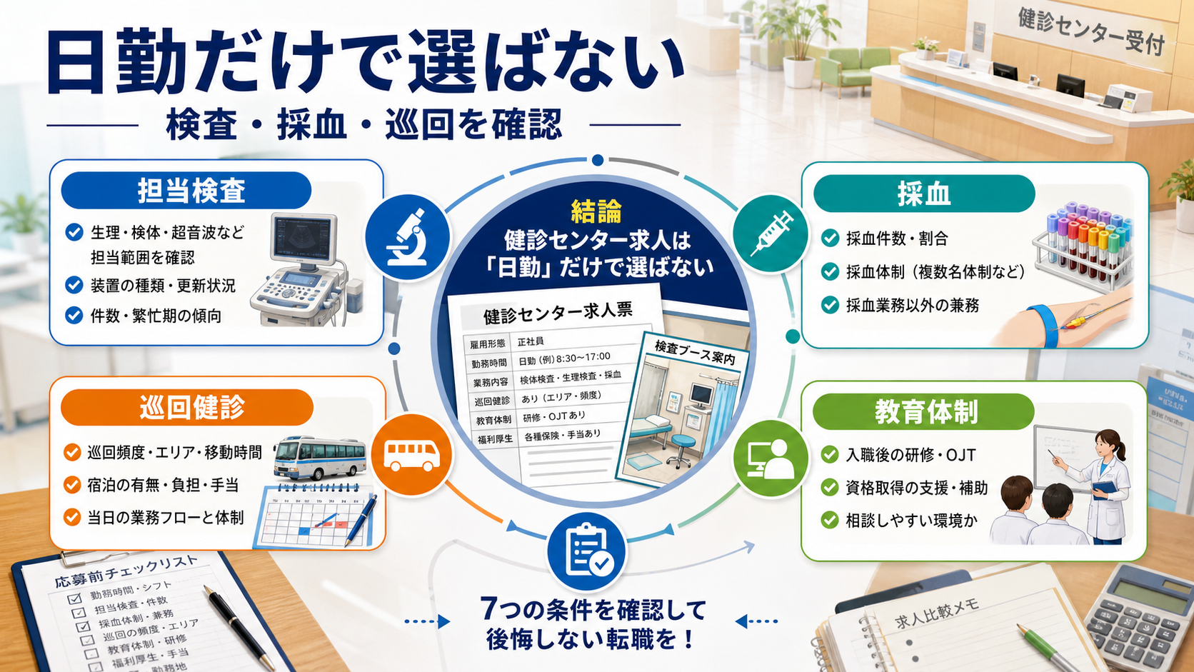 健診センター求人は日勤だけでなく担当検査、採血、巡回健診、繁忙期、教育体制を確認する要約画像