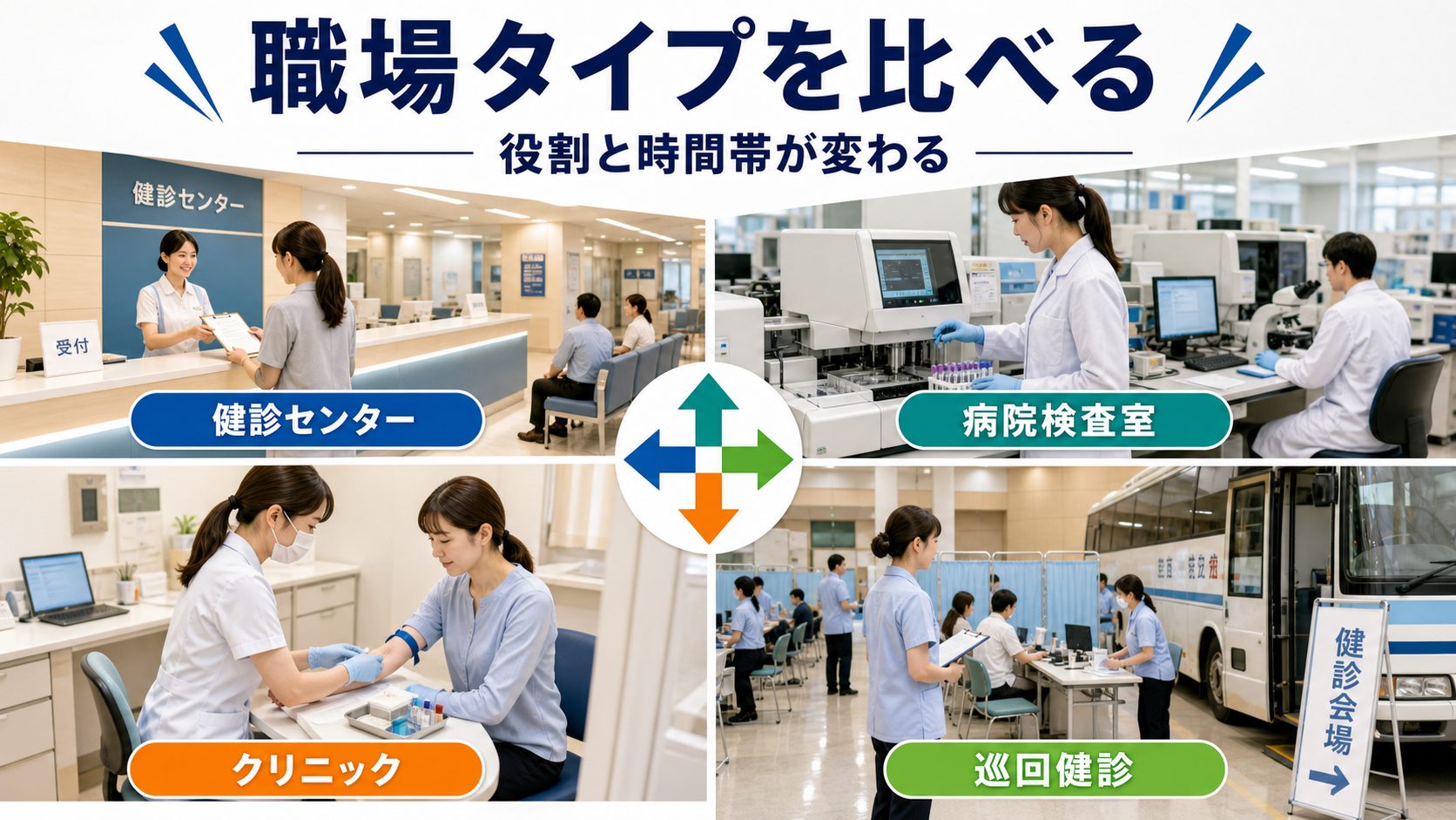 健診センター、病院検査室、クリニック、巡回健診の職場差を比較する要約画像