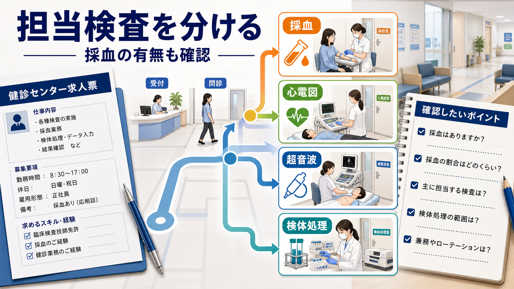 採血、心電図、超音波検査、検体処理など臨床検査技師の担当範囲を整理する要約画像