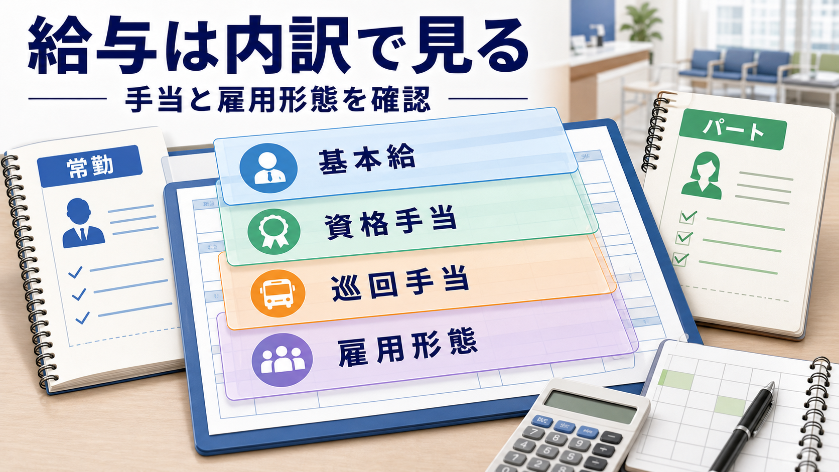 臨床検査技師求人の基本給、資格手当、巡回手当、賞与、雇用形態を比較する要約画像