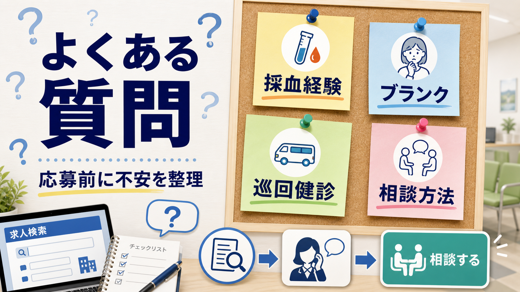 臨床検査技師の健診センター求人でよくある質問を付箋ボードで整理する要約画像