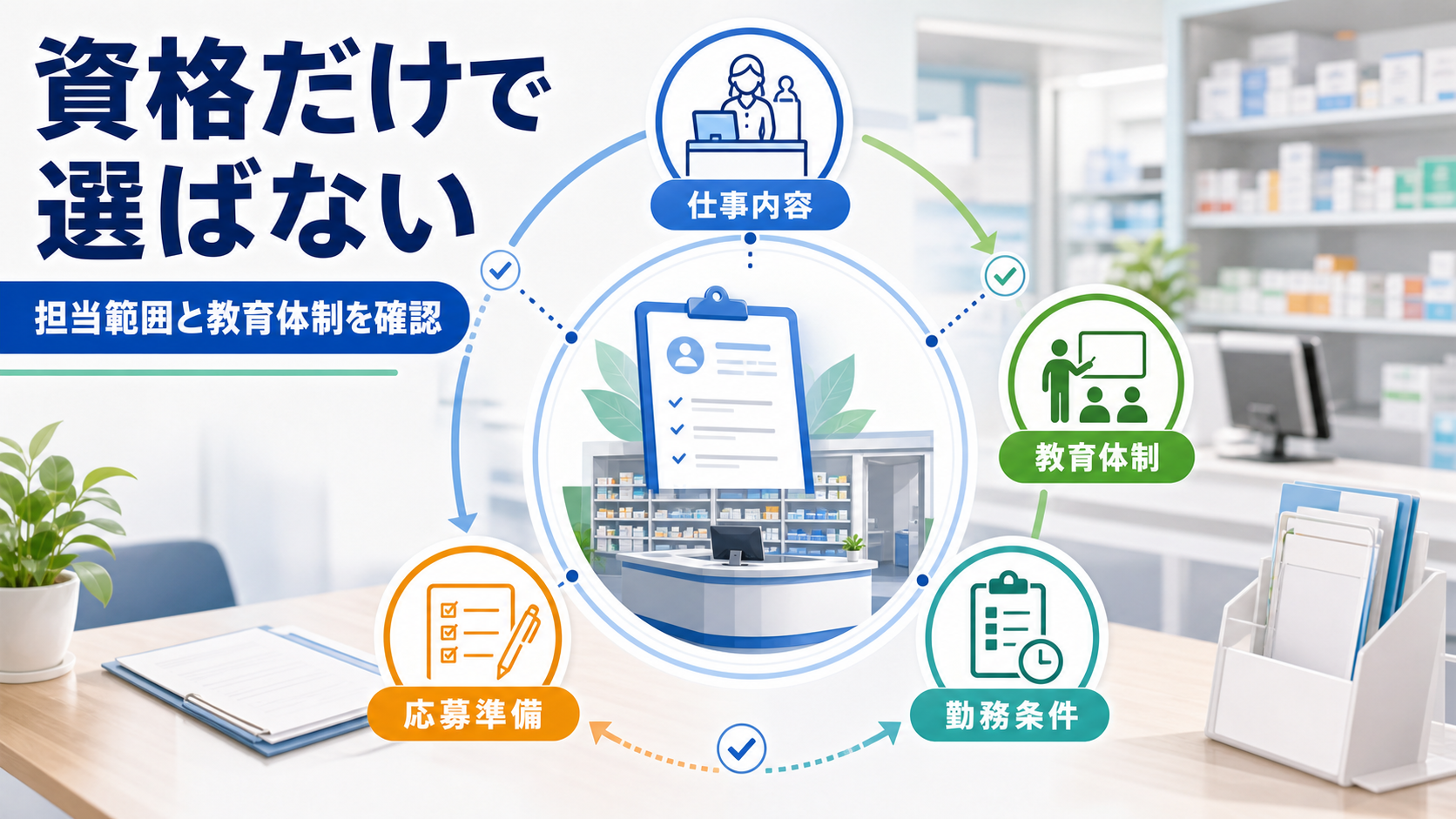 調剤事務求人は資格より仕事内容、教育体制、勤務条件、職場体制を分けて確認する要約画像