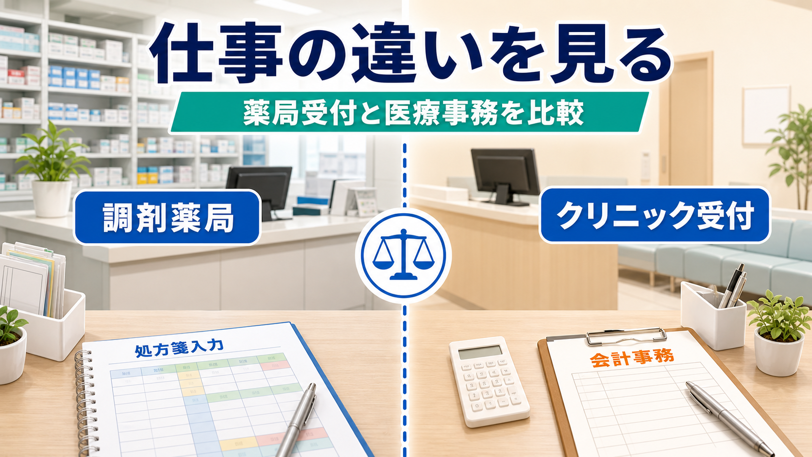 調剤事務と医療事務の仕事内容、職場、扱う書類の違いを比較する要約画像