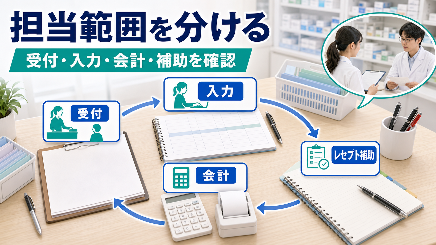 調剤事務の受付、処方箋入力、会計、レセプト補助の担当範囲を整理する要約画像