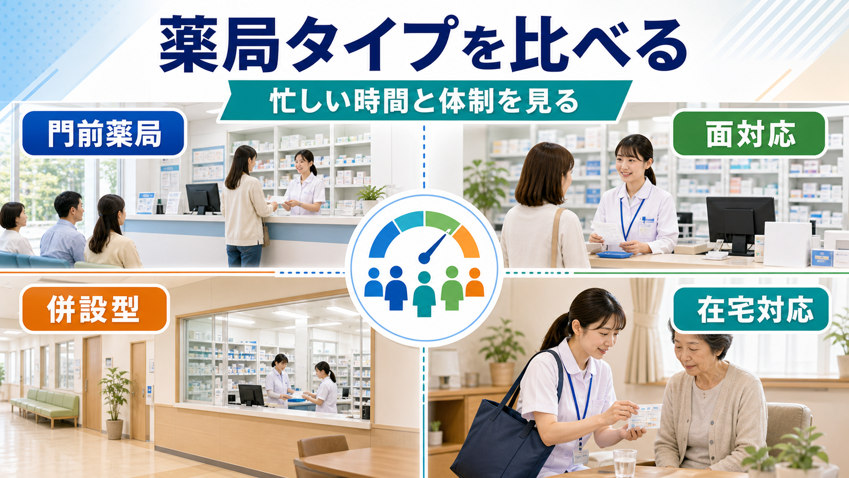 門前薬局、面対応薬局、ドラッグストア併設薬局、在宅対応薬局の職場体制を比較する要約画像