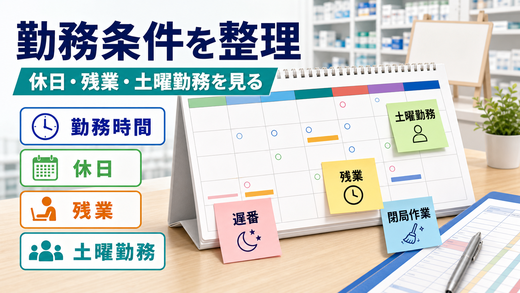 調剤事務求人の勤務時間、休日、残業、土曜勤務、閉局作業をカレンダーで整理する要約画像