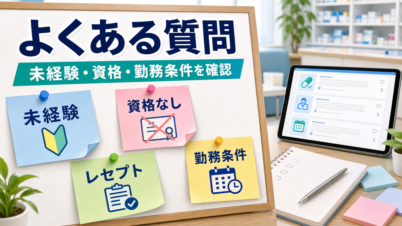 調剤事務求人でよくある未経験、資格なし、レセプト、勤務条件、相談の質問を整理する要約画像