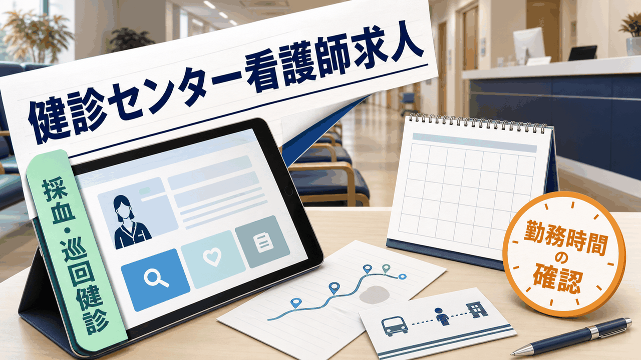 健診センター看護師求人を探す人向けに、採血、巡回健診、勤務時間の確認ポイントを整理したアイキャッチ画像
