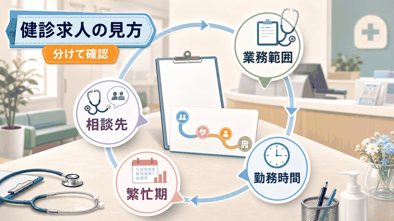 健診センター看護師求人は業務範囲、勤務時間、繁忙期、相談先を分けて確認する要約画像