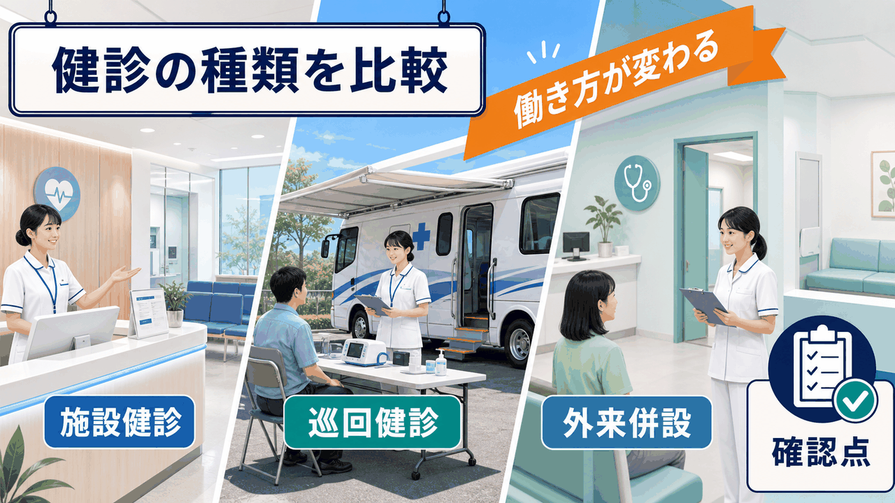 健診センター看護師求人で施設健診、巡回健診、外来併設の働き方を比較する要約画像