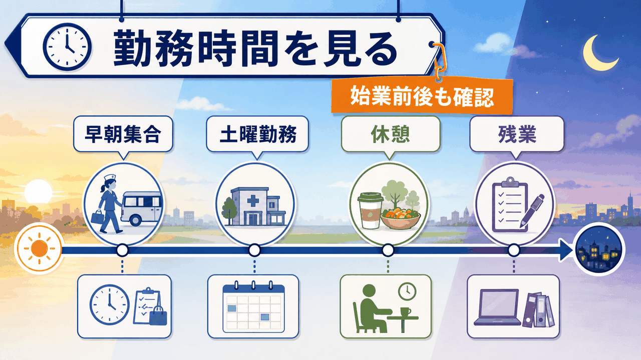 健診センター看護師求人で勤務時間、早朝集合、土曜勤務、残業を確認する要約画像