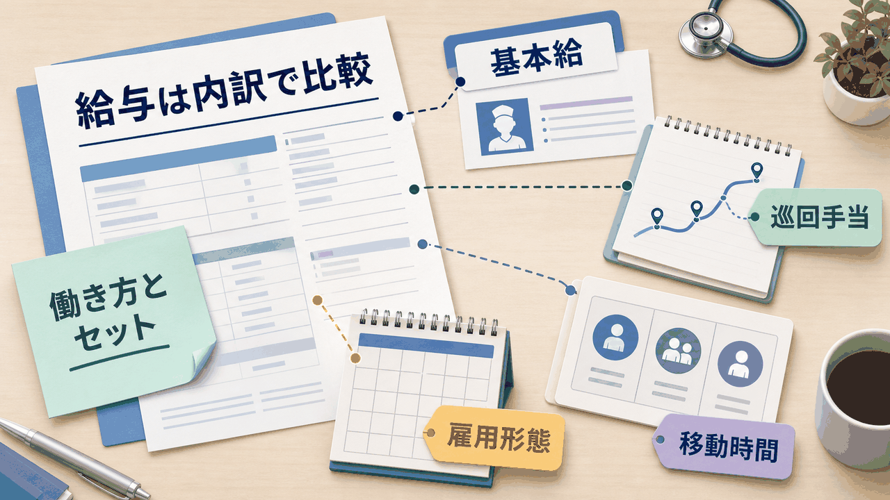 健診センター看護師求人で給与、手当、雇用形態、移動時間を比較する要約画像