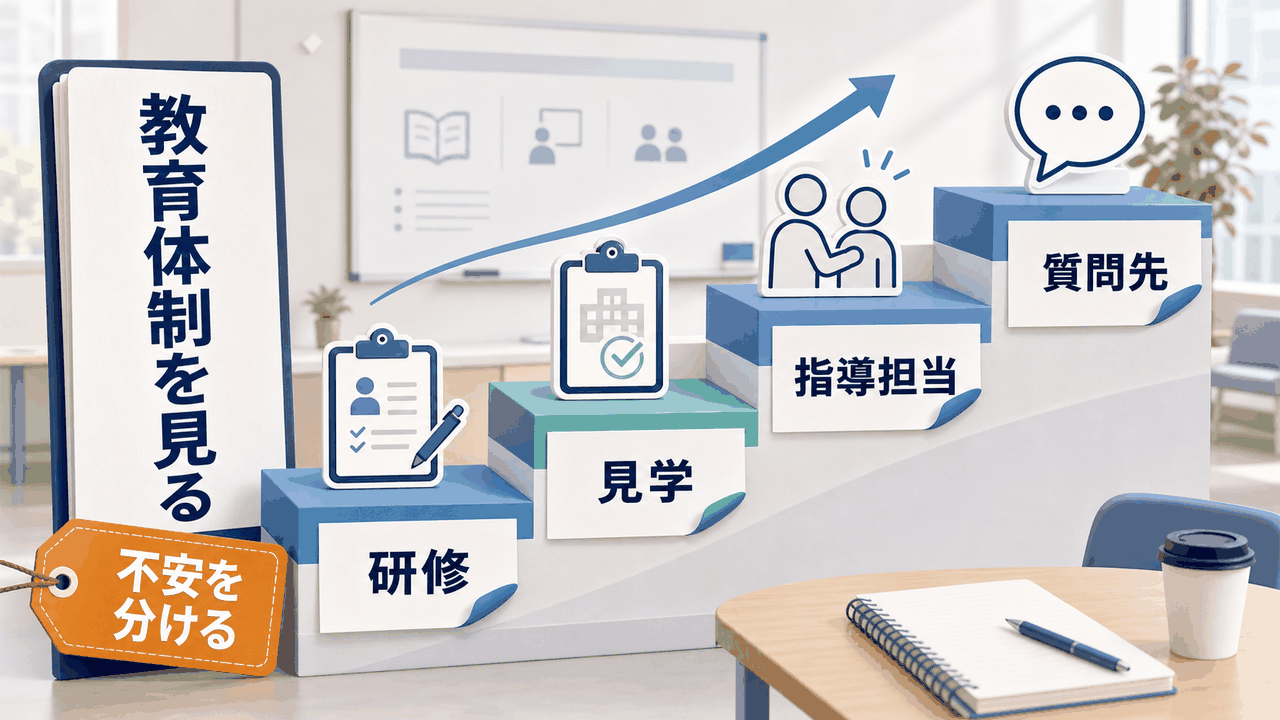 健診センター看護師求人で採血ブランク、研修、指導担当、質問先を確認する要約画像