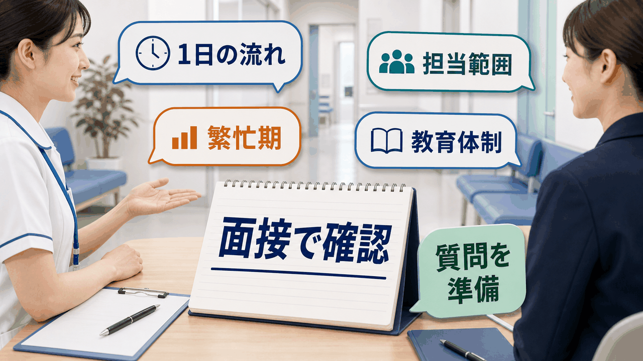 健診センター看護師求人の面接と職場見学で業務範囲、勤務条件、教育体制を質問する要約画像