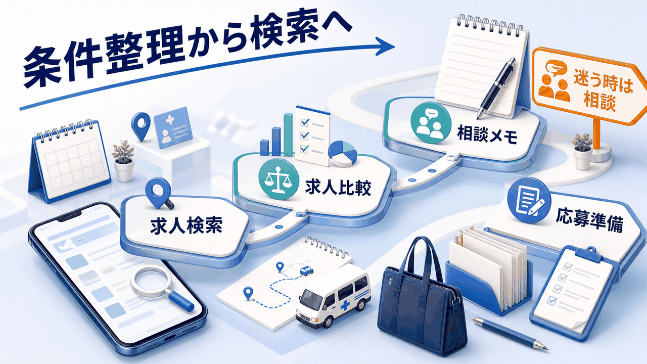 健診センター看護師求人を条件整理、求人検索、比較、転職相談、応募準備の流れで進める要約画像