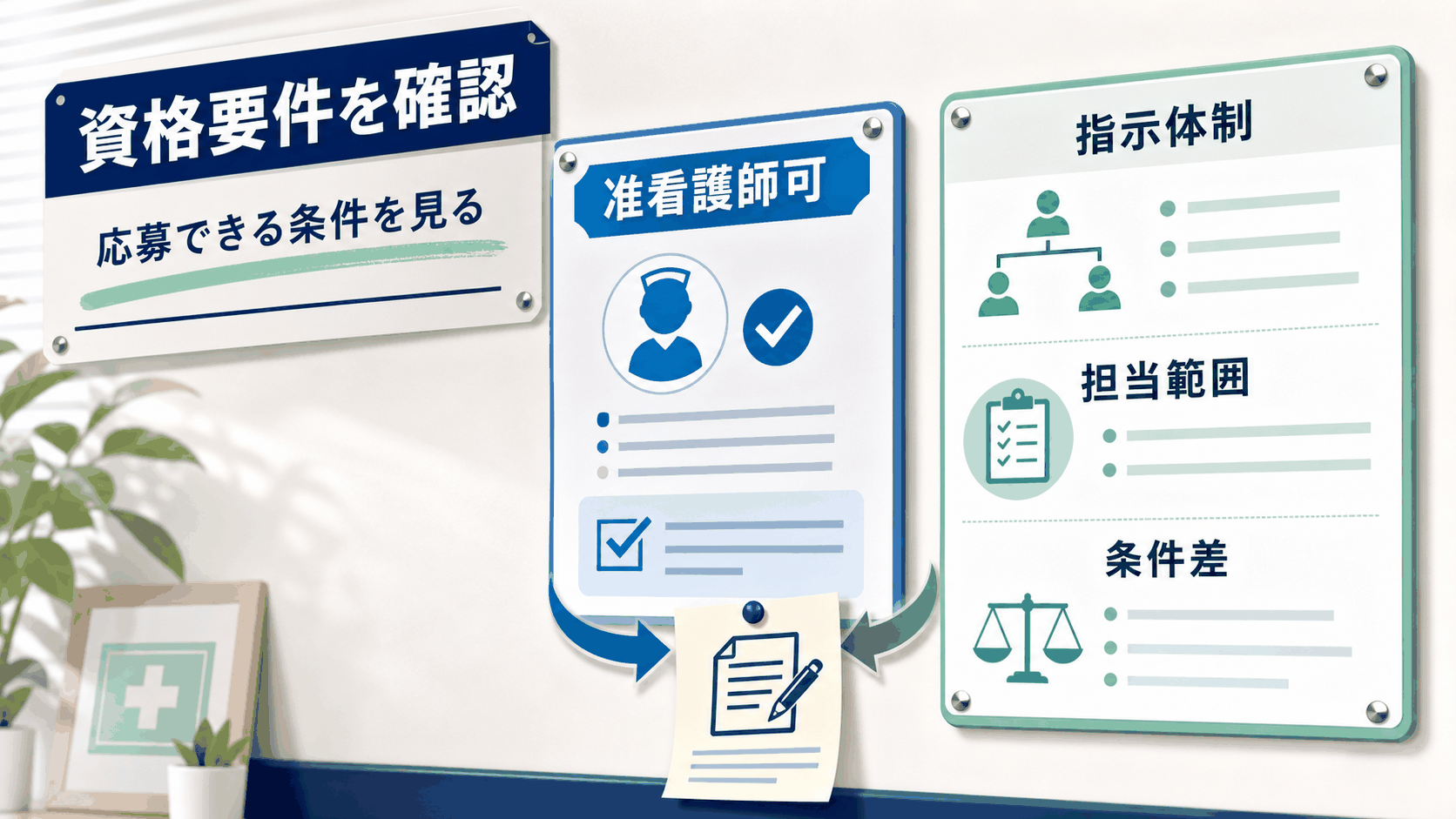 准看護師と看護師の資格要件、指示体制、応募条件を求人票で確認する要約画像