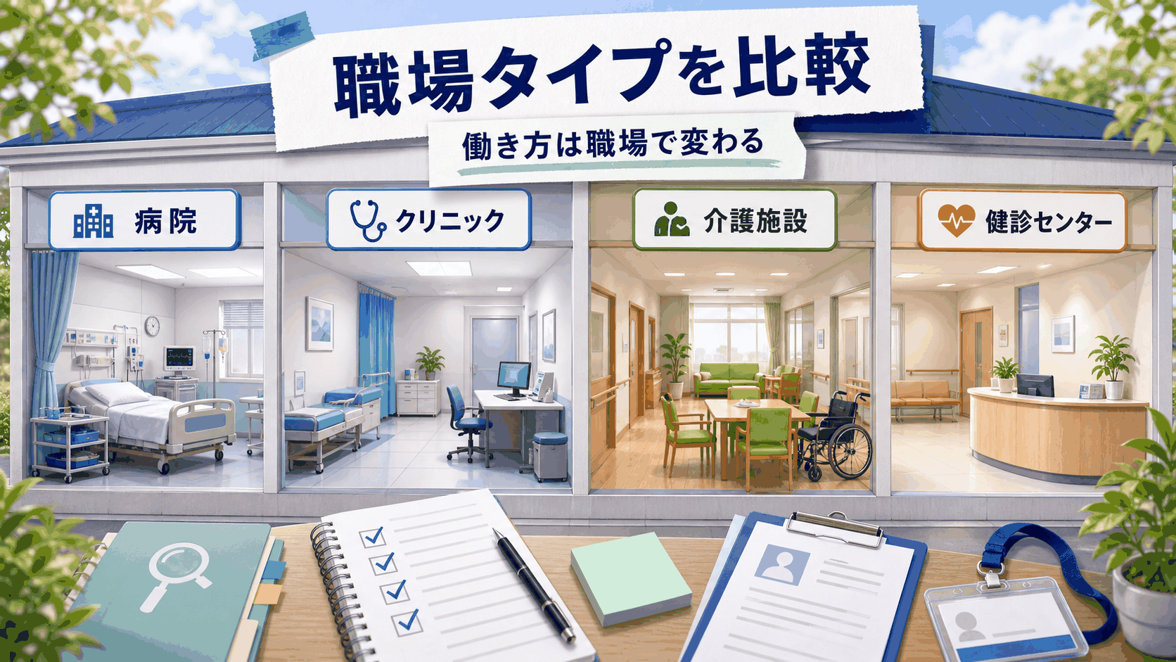 准看護師求人で病院、クリニック、介護施設、健診センターの働き方を比較する要約画像