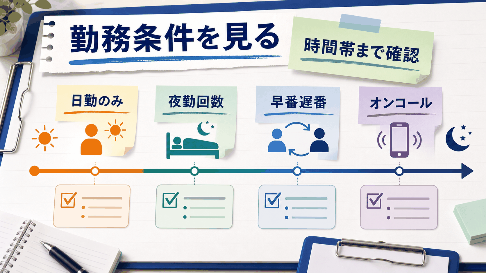 准看護師求人で勤務時間、夜勤、早番遅番、オンコール、休日を確認する要約画像