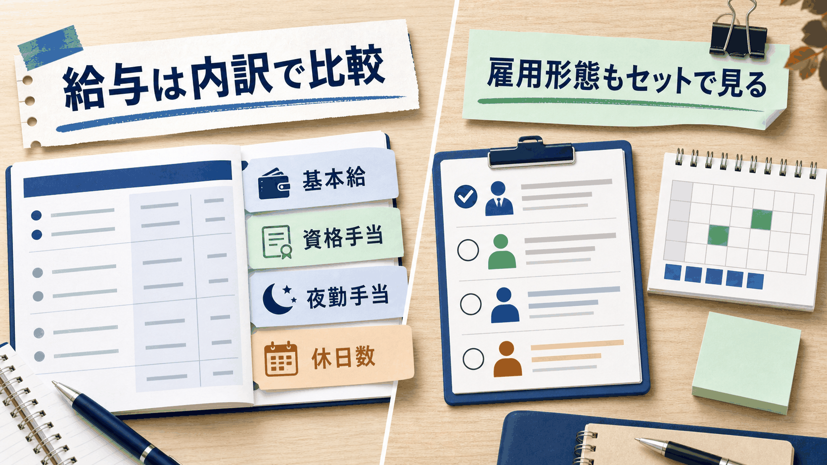 准看護師求人で給与、資格手当、夜勤手当、雇用形態、休日数を比較する要約画像