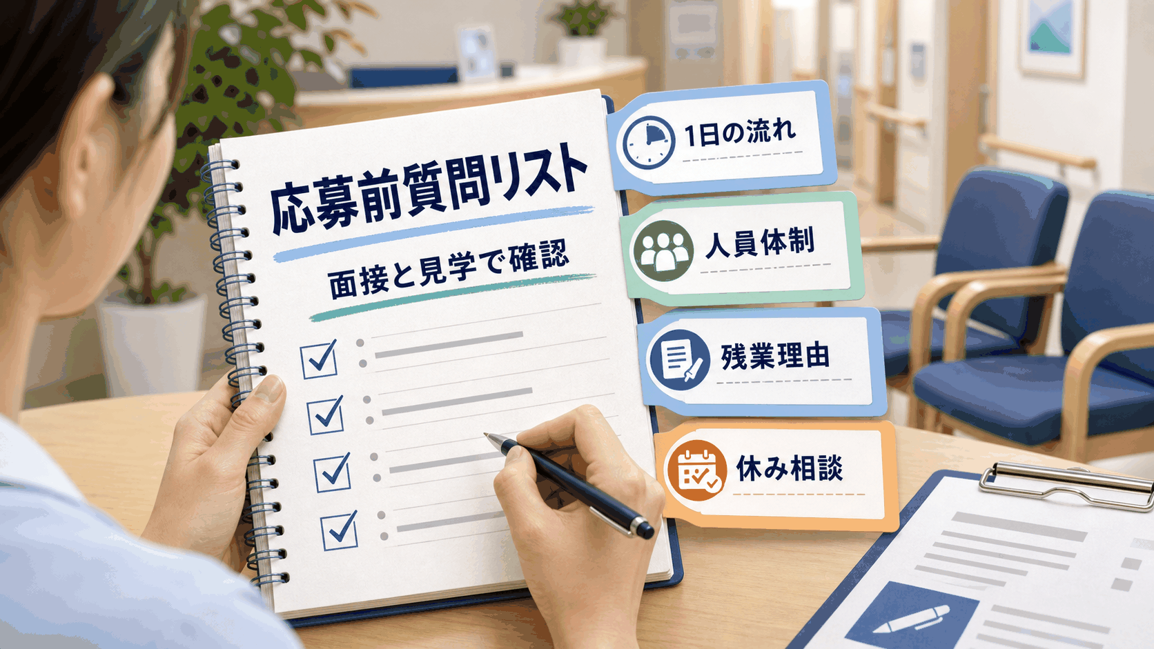 准看護師求人の面接と職場見学で指示体制、勤務条件、教育体制を質問する要約画像
