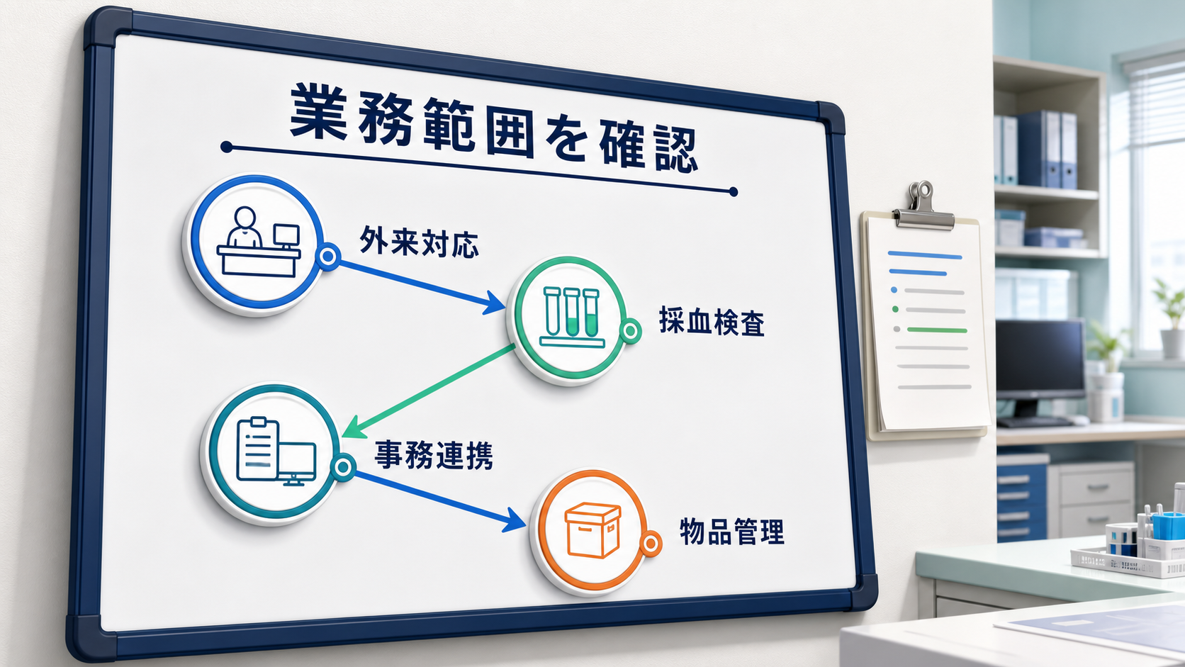 看護師の日勤のみ求人で外来、採血、検査補助、事務連携など業務範囲を確認する要約画像