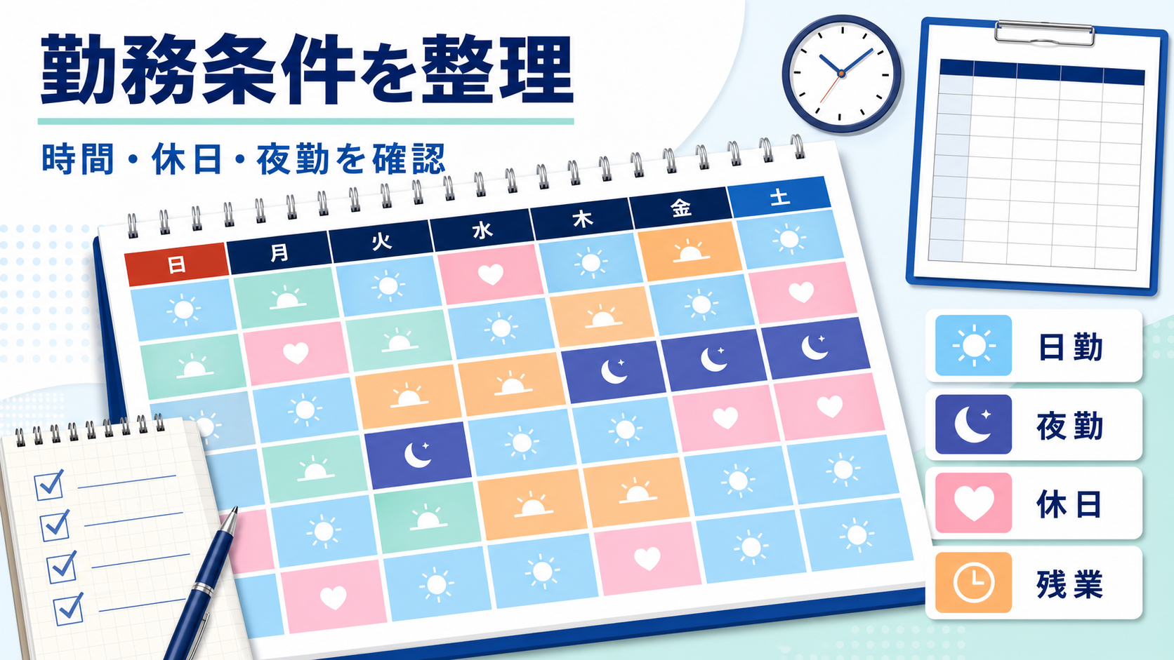看護助手求人の勤務時間、休日、夜勤、残業を勤務表で整理する要約画像