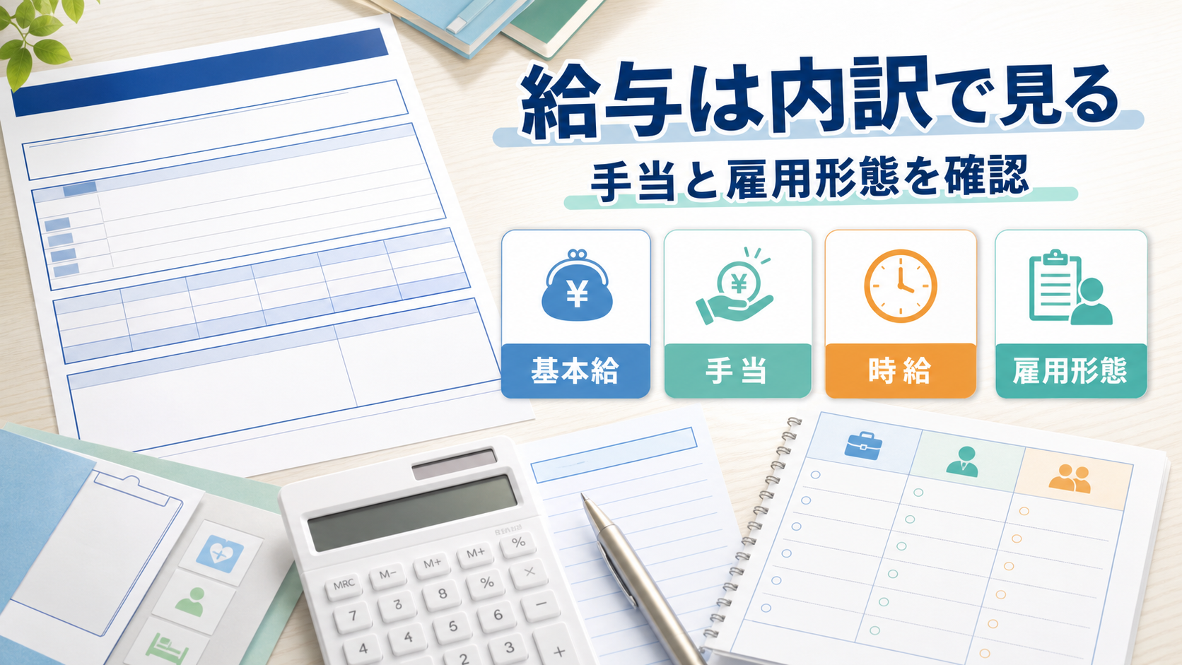 看護助手求人の基本給、手当、時給、雇用形態を内訳で確認する要約画像