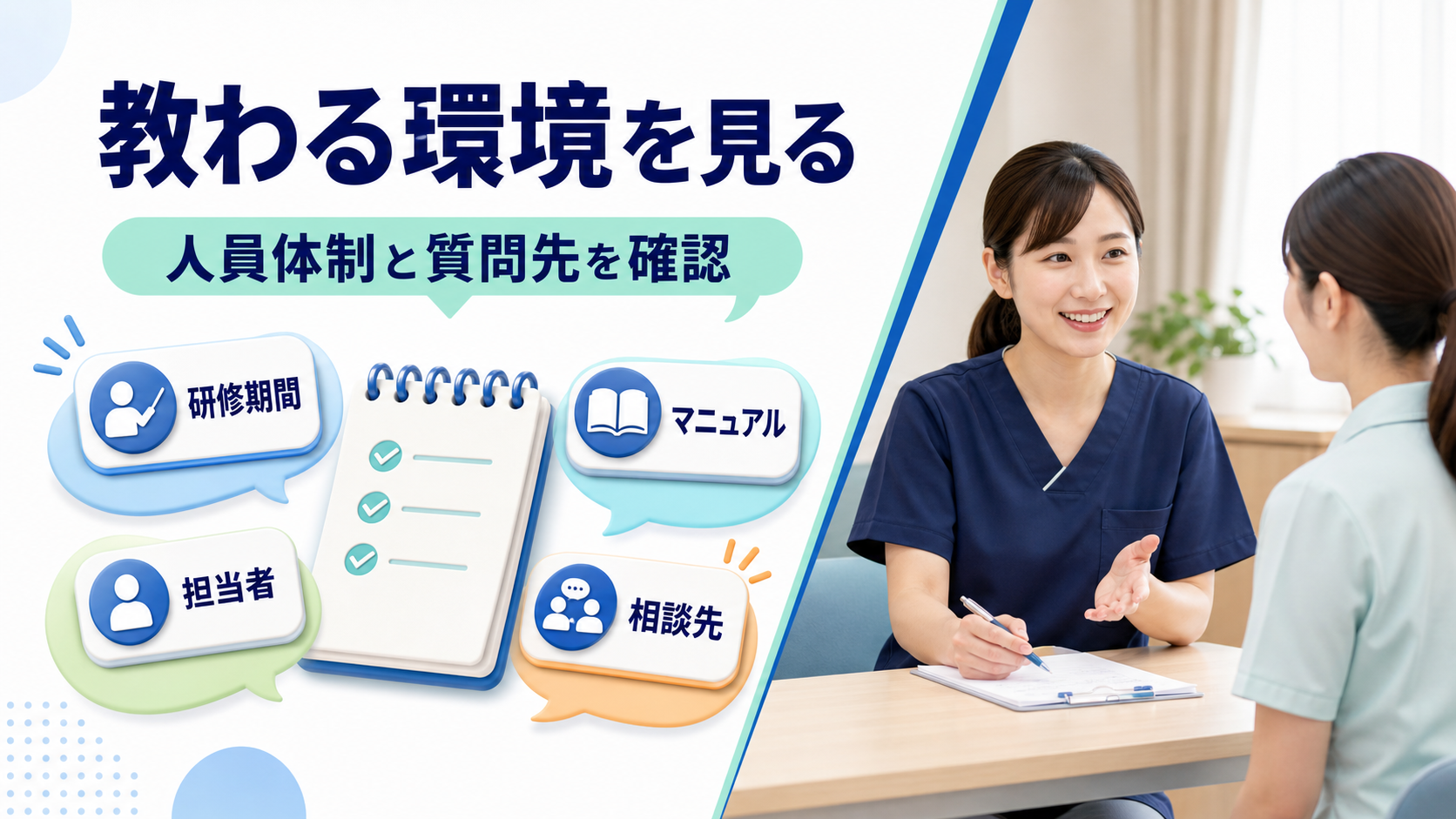 看護助手求人の研修期間、担当者、マニュアル、相談先を確認する要約画像
