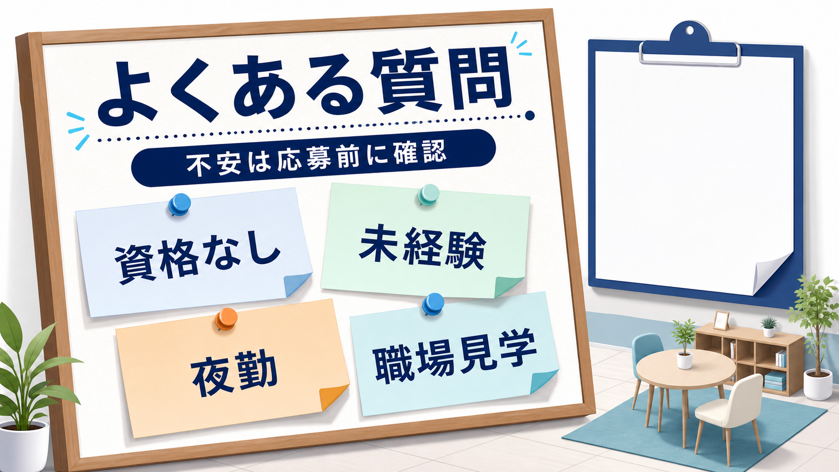 看護助手求人でよくある資格なし、未経験、夜勤、職場見学の質問を整理する要約画像