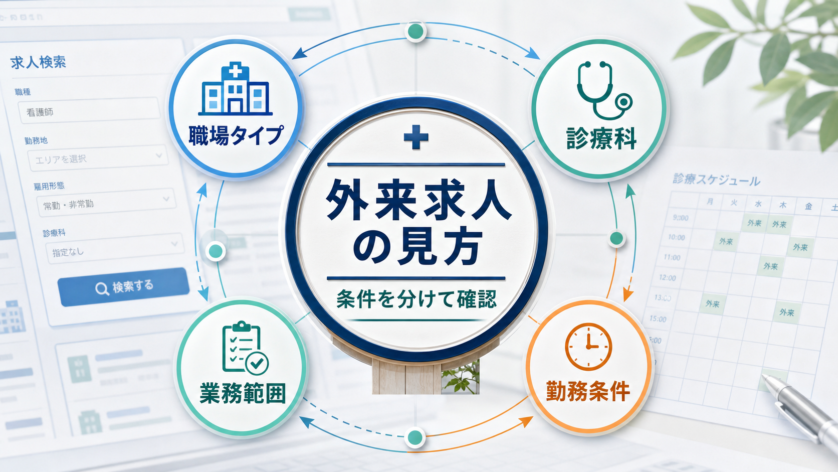 外来看護師求人は職場タイプ、診療科、業務範囲、勤務条件を順番に確認する要約画像