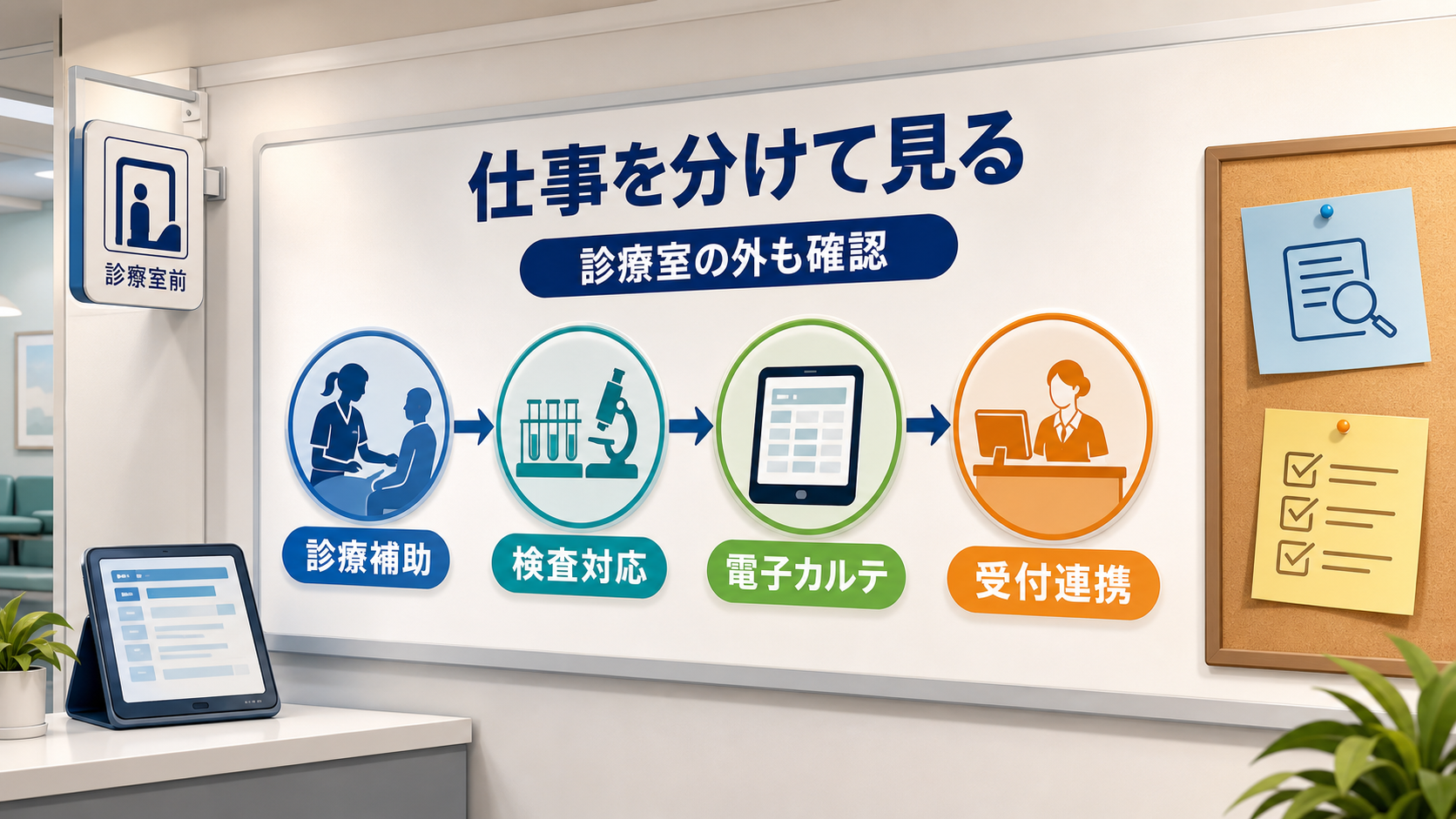 外来看護師求人の仕事内容を診療補助、検査対応、電子カルテ、受付連携に分けて確認する要約画像