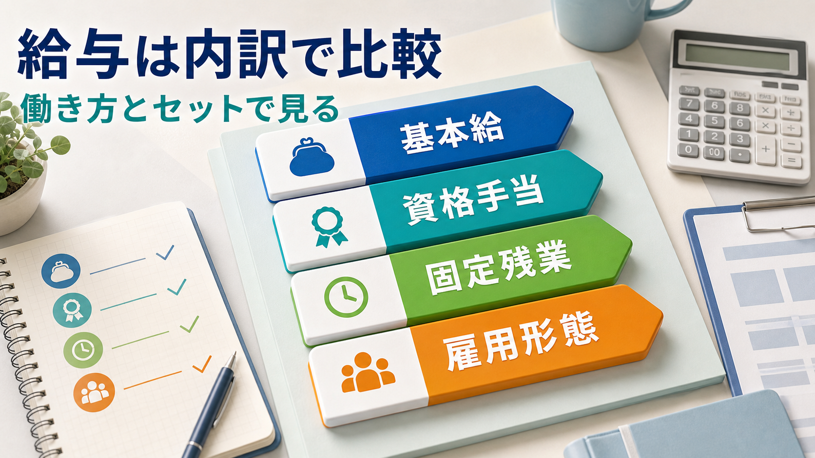外来看護師求人の給与、手当、固定残業代、雇用形態を内訳で比較する要約画像