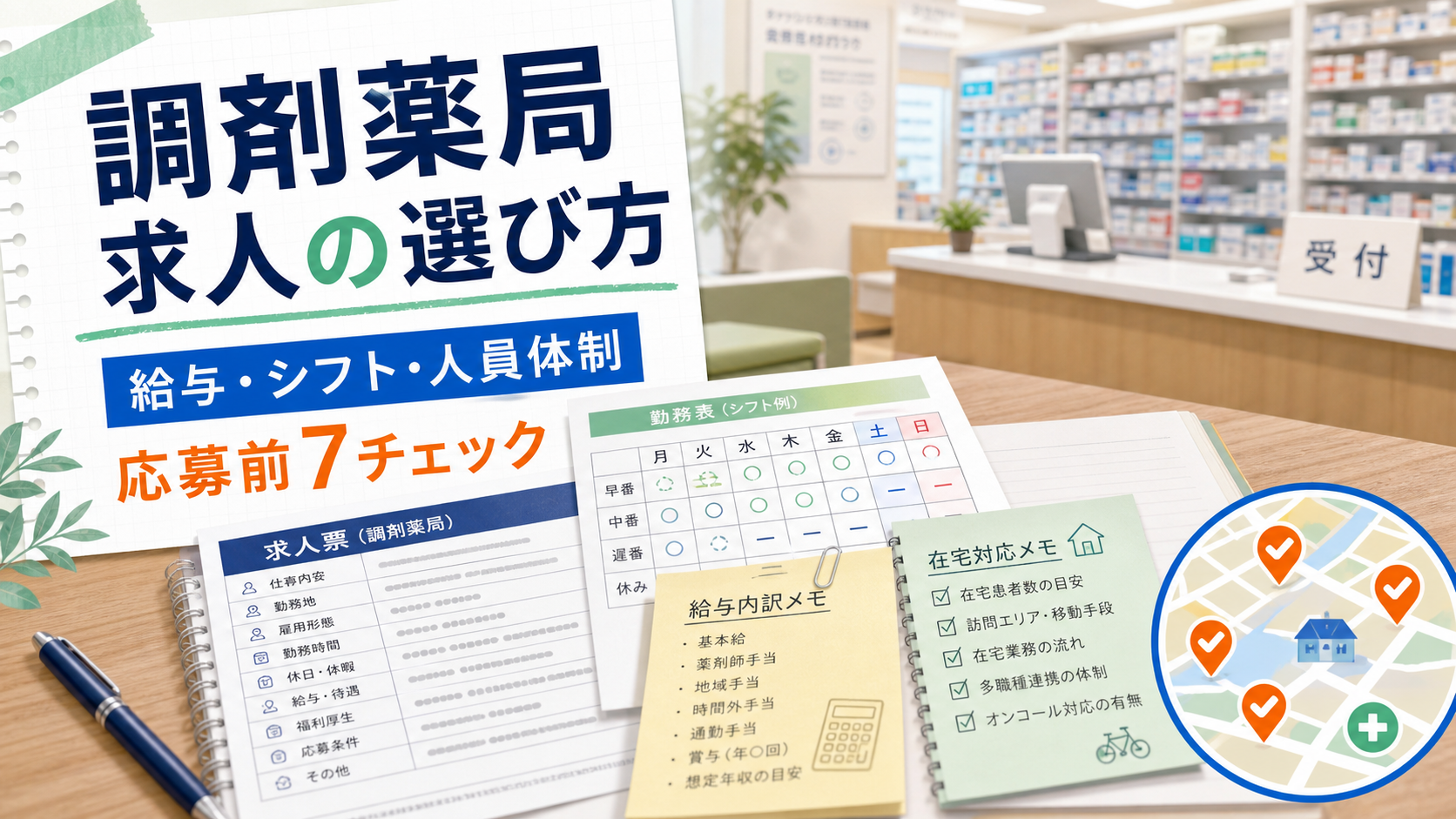 薬剤師が調剤薬局求人を探す前に、給与、勤務時間、人員体制、在宅対応、教育体制を整理するアイキャッチ画像