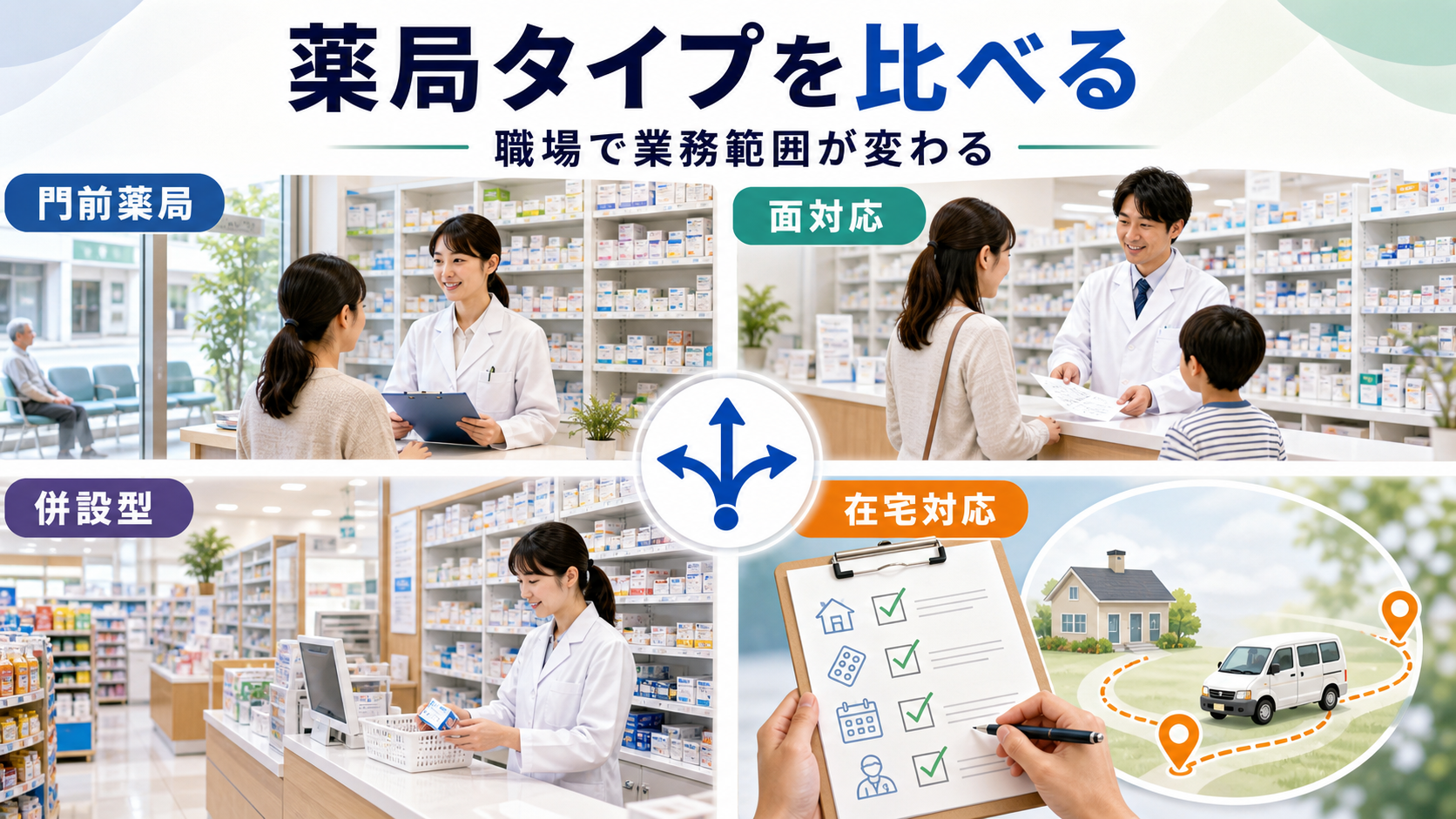 門前薬局、面対応薬局、ドラッグストア併設、在宅対応薬局の違いを比較する要約画像