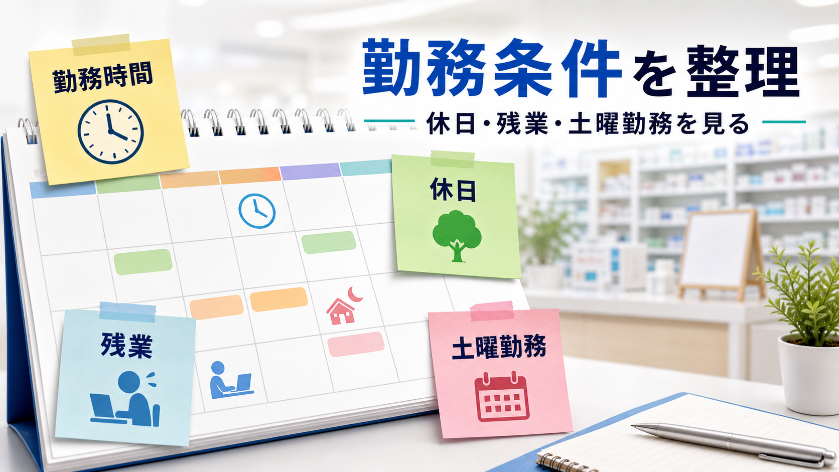 調剤薬局求人の勤務時間、休日、残業、土曜勤務、遅番をカレンダーで整理する要約画像