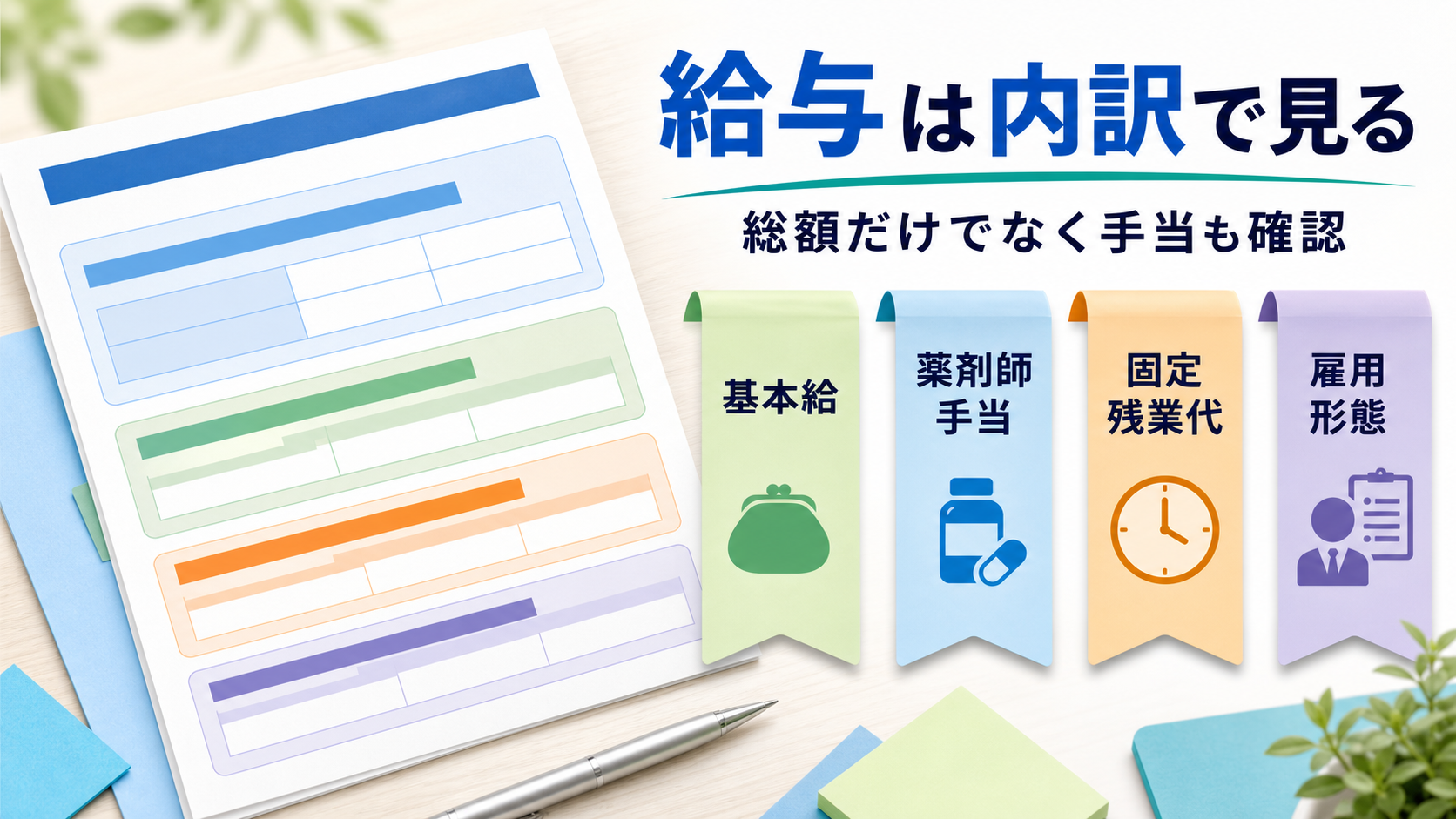 薬剤師求人の基本給、薬剤師手当、管理薬剤師手当、固定残業代、賞与を内訳で比較する要約画像