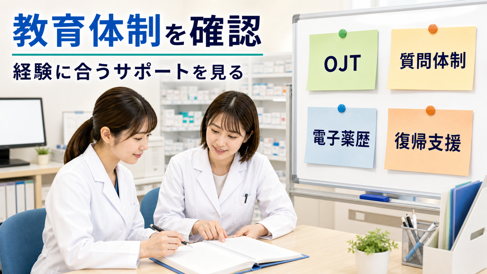 調剤経験が浅い薬剤師やブランクがある薬剤師が研修、OJT、質問体制を確認する要約画像