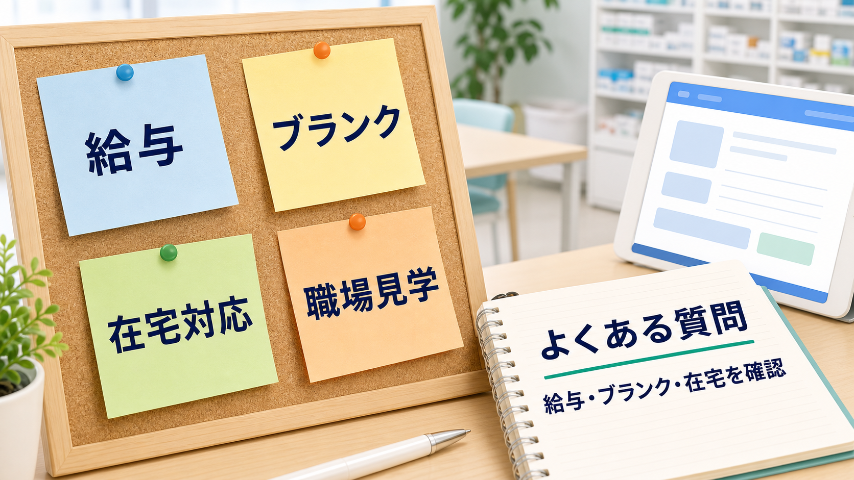 薬剤師の調剤薬局求人でよくある給与、ブランク、在宅対応、職場見学、相談の質問を整理する要約画像
