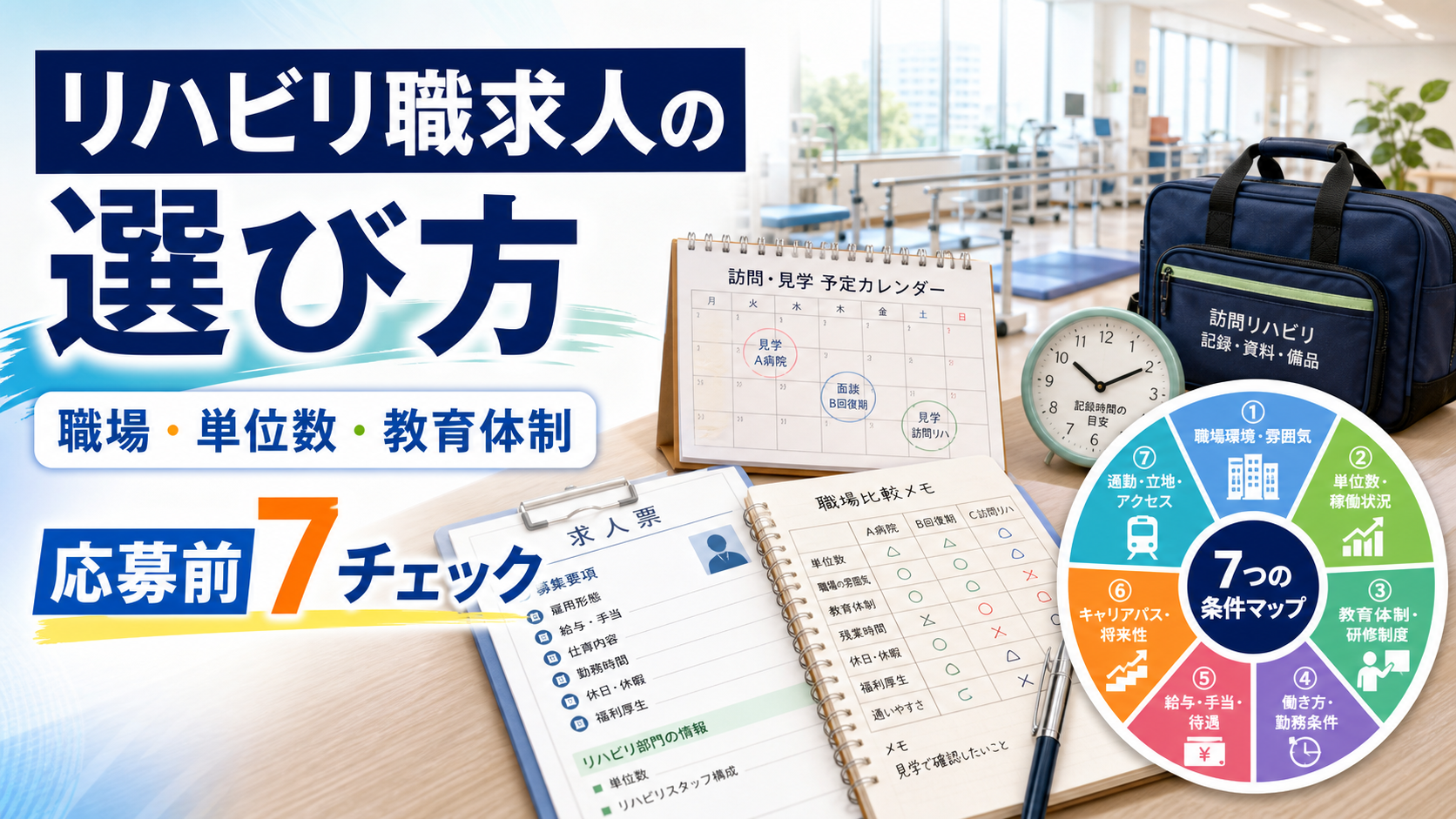 理学療法士がリハビリ職求人を探す前に職場タイプ、単位数、勤務条件、教育体制を整理するアイキャッチ画像