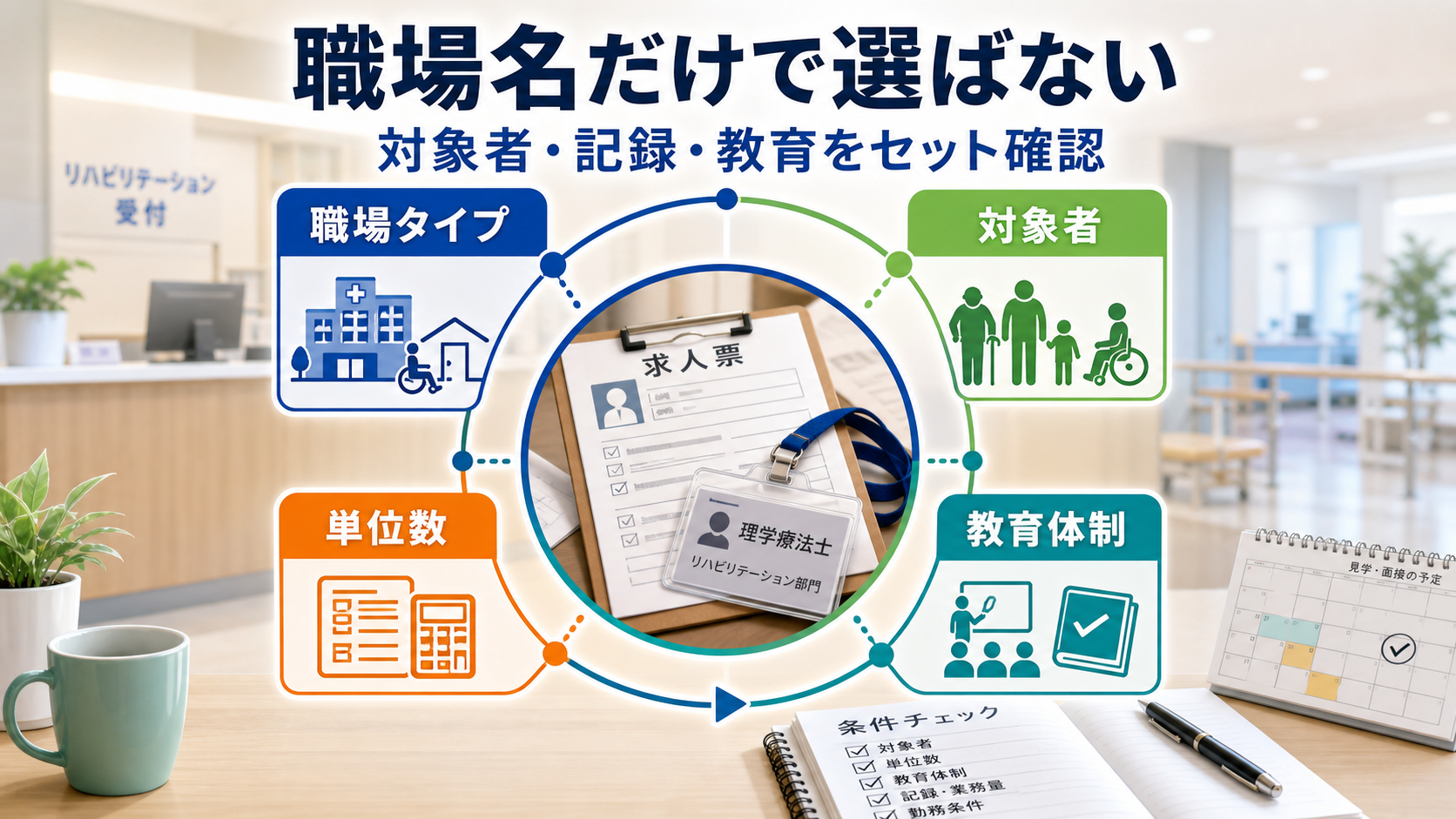 理学療法士のリハビリ職求人は職場名だけでなく対象者、記録、教育体制を確認する要約画像