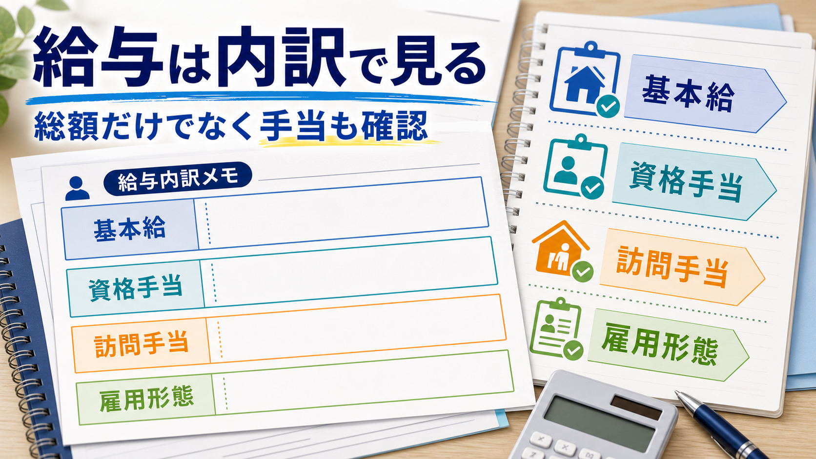 理学療法士求人の基本給、資格手当、訪問手当、雇用形態を給与内訳で確認する要約画像