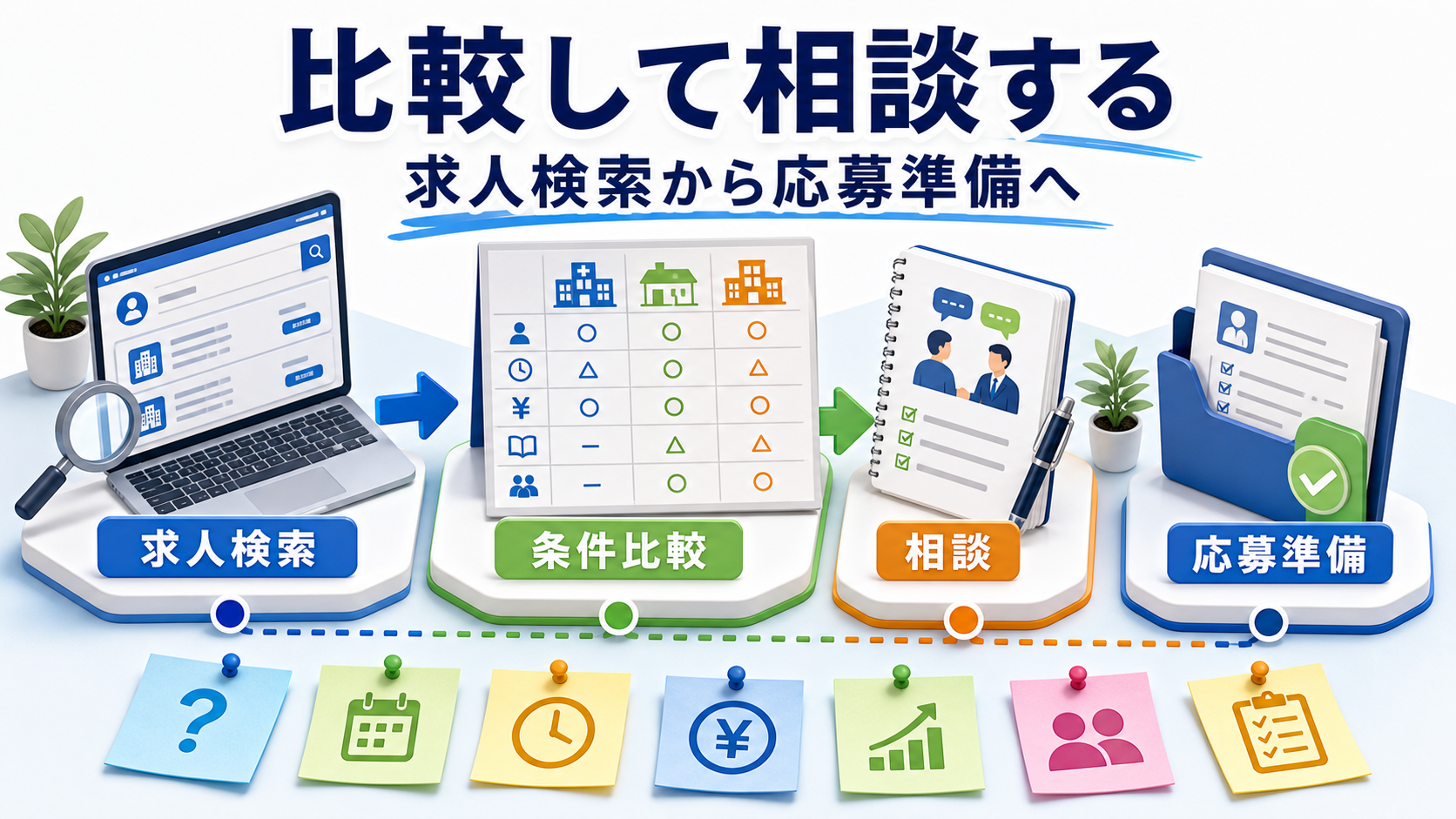 理学療法士求人を求人検索、条件比較、相談、応募準備の流れで整理する要約画像