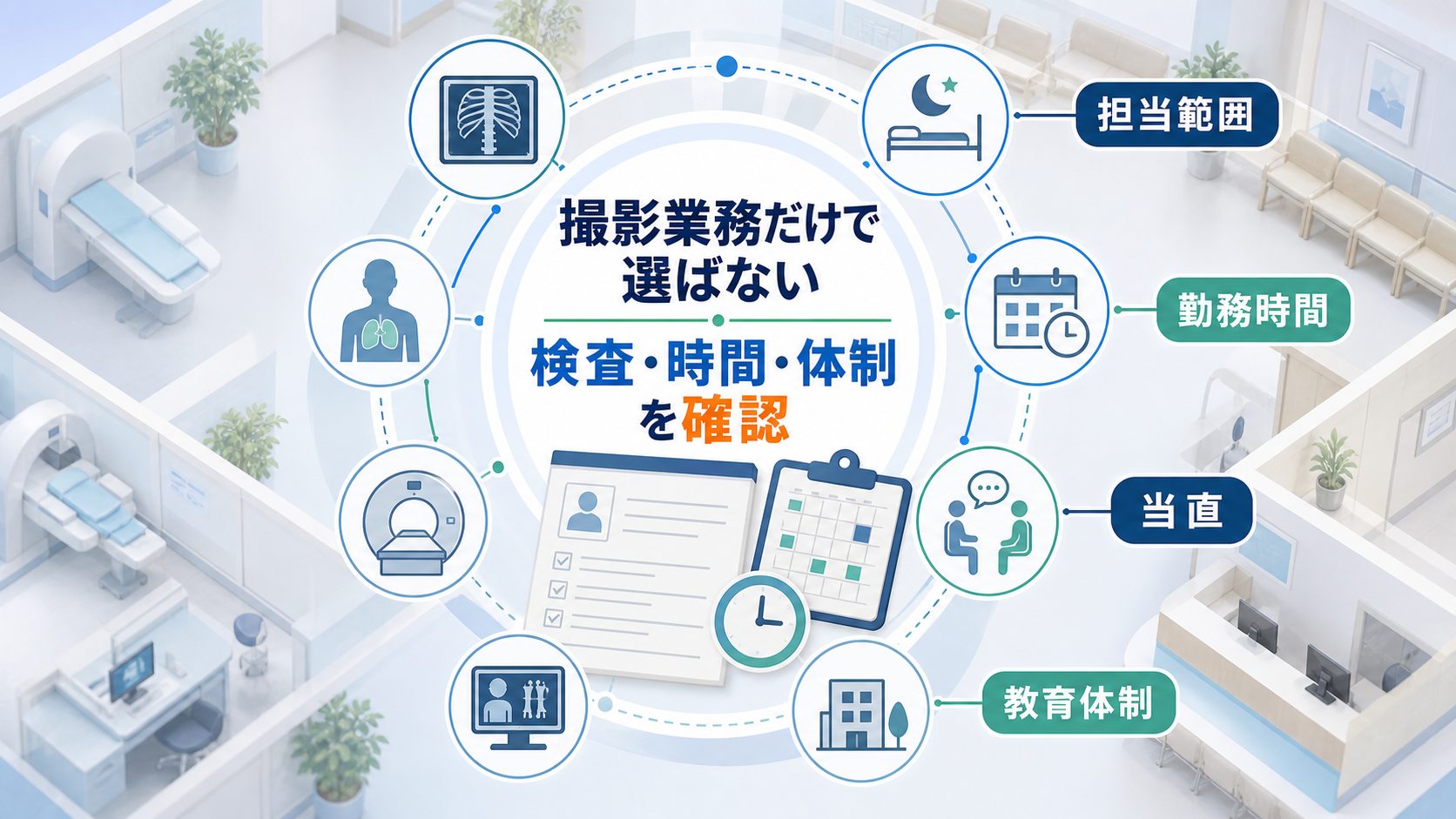 診療放射線技師求人は撮影業務だけでなく担当範囲、勤務時間、当直、教育体制を確認する要約画像