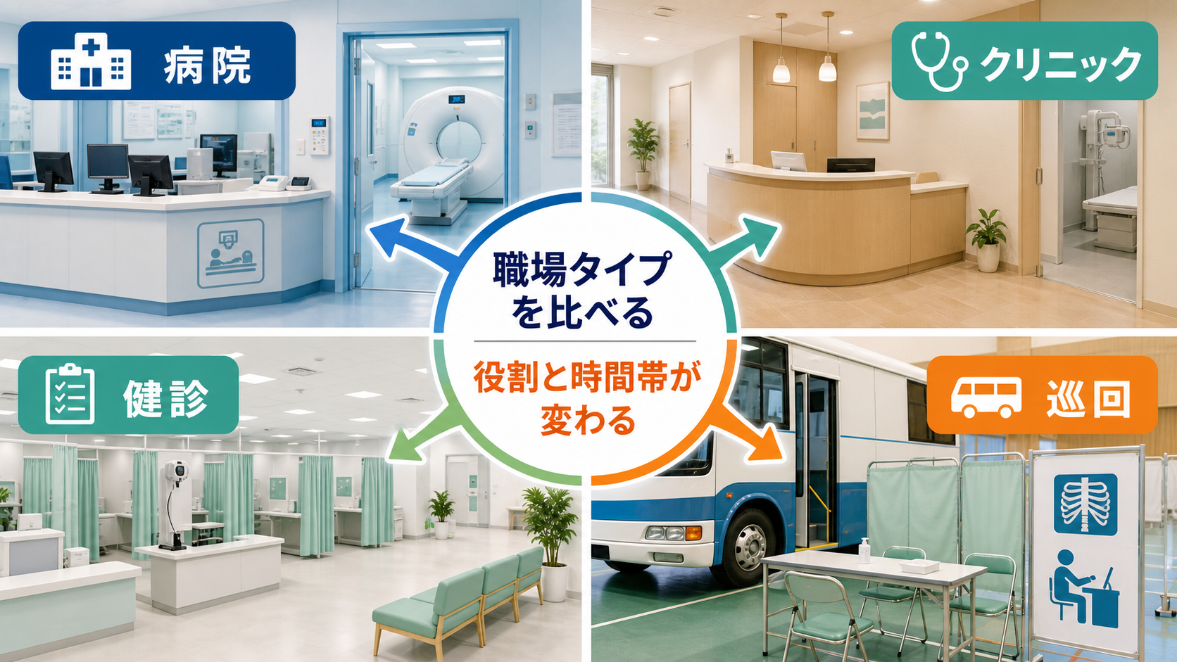 病院、クリニック、健診センター、巡回健診で診療放射線技師求人の働き方が変わることを比較する要約画像