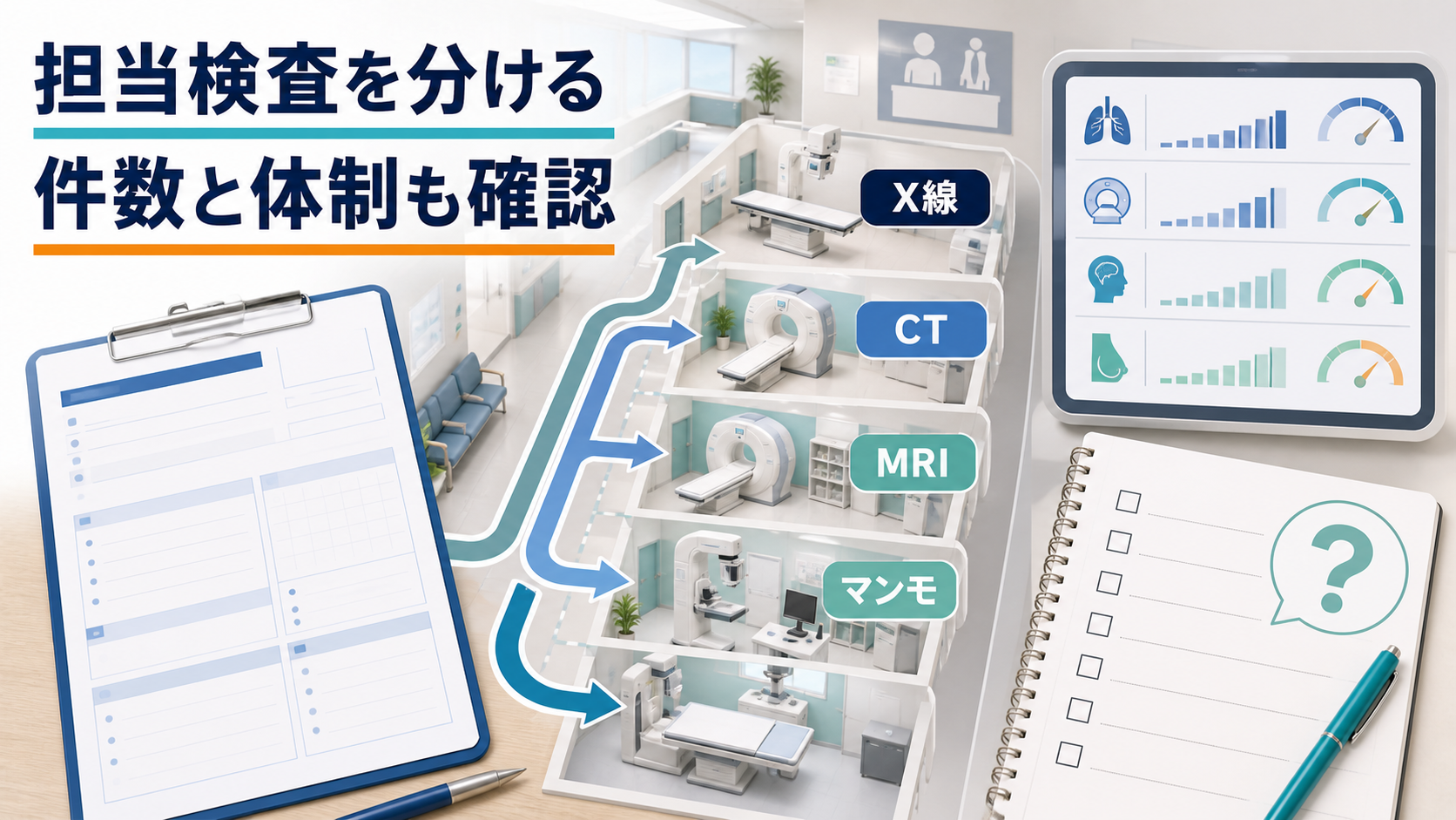 診療放射線技師求人でX線、CT、MRI、マンモグラフィなど担当検査を分けて確認する要約画像