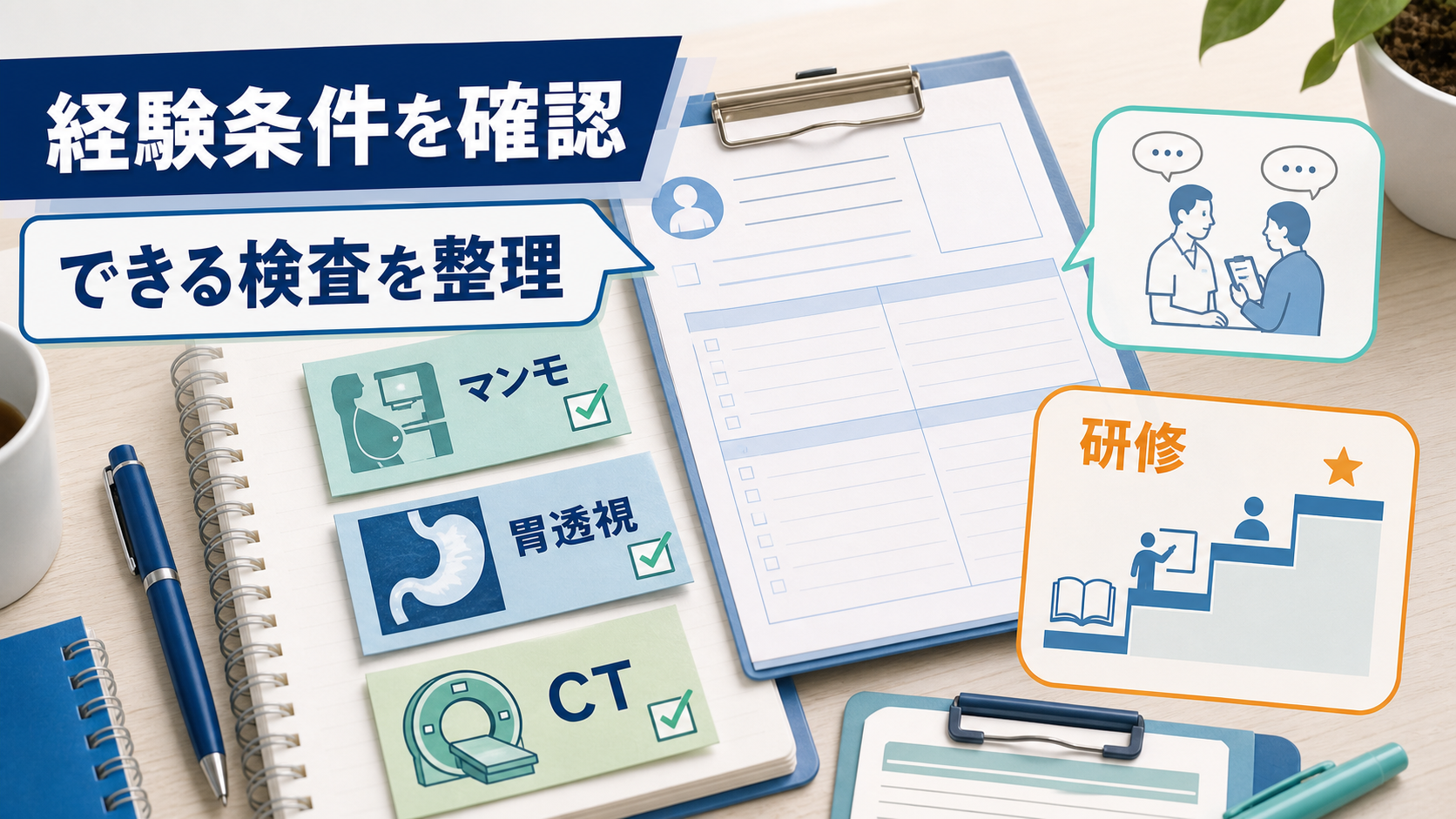 マンモグラフィ、胃透視、CT、研修など診療放射線技師求人の経験条件を整理する要約画像