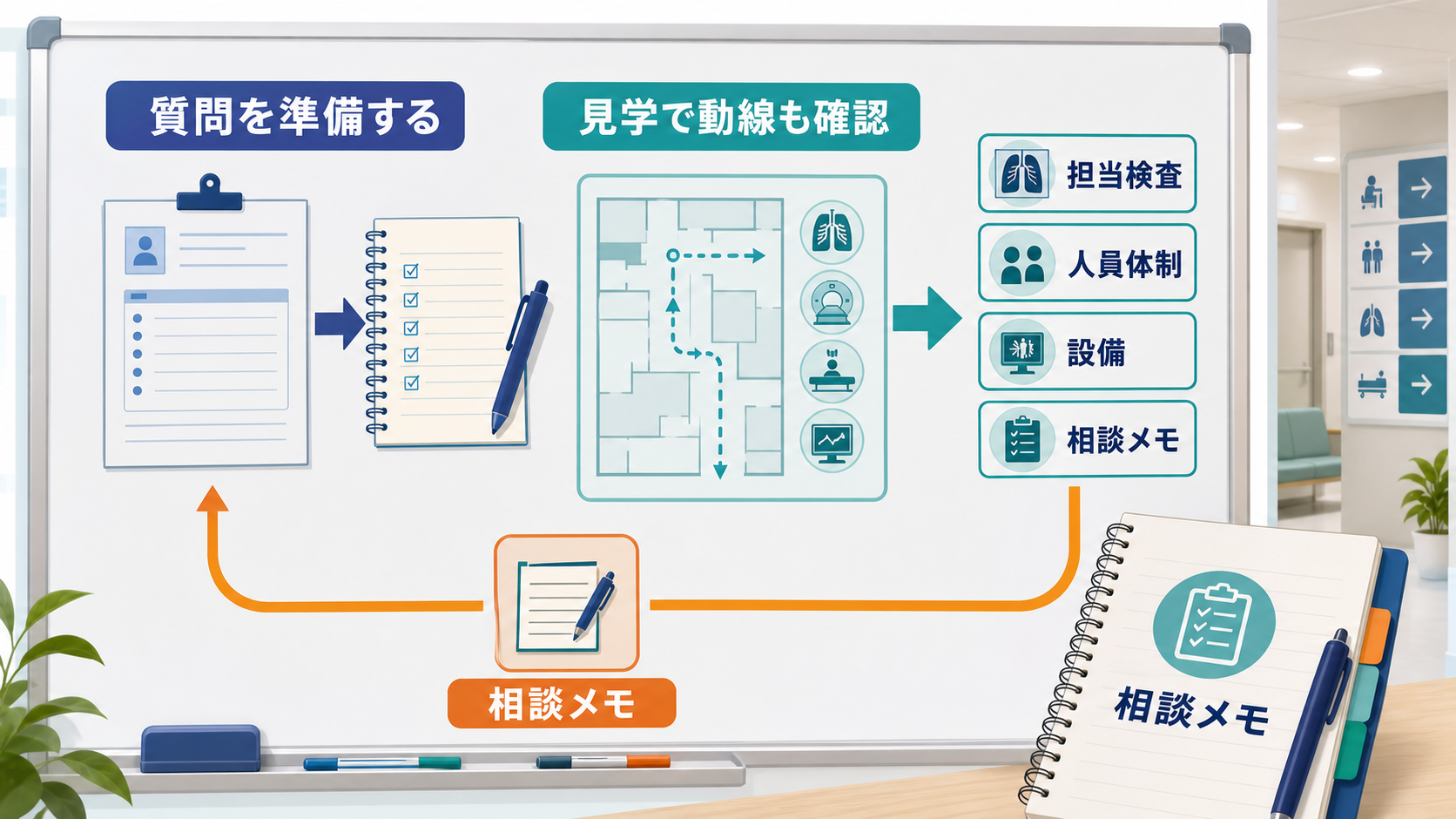 診療放射線技師が応募前に担当検査、人員体制、設備、相談メモを整理して職場見学で確認する要約画像