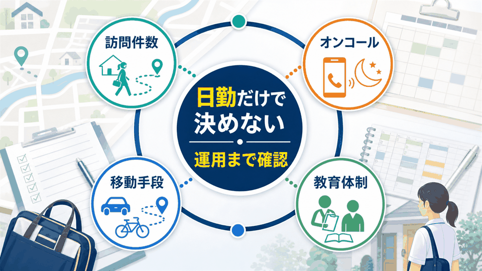 訪問看護師求人は日勤だけでなく訪問件数、オンコール、移動、教育体制を確認する要約画像