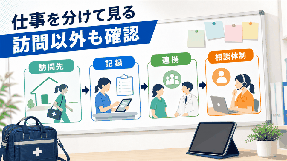 訪問看護師求人の仕事内容を訪問、記録、連携、相談体制に分けて確認する要約画像